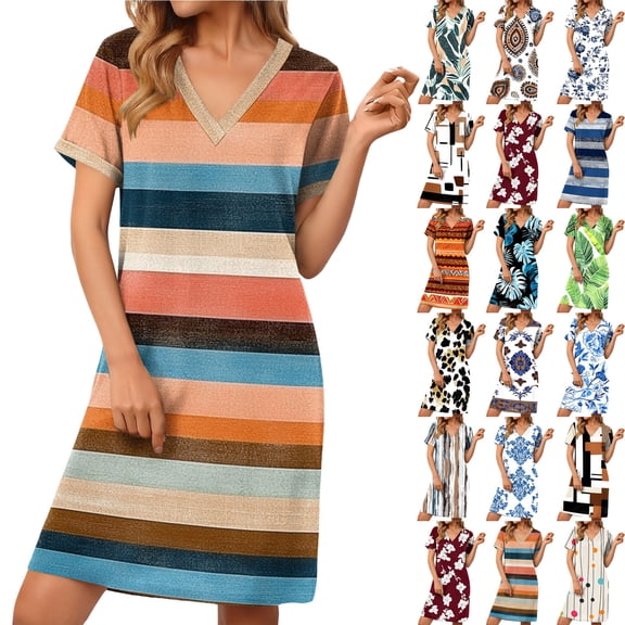 Enjoytime Casual Summer Dresses for Women Striped V-Neck Tshirt Dress Short Sleeve A-Line Vacation Dresses