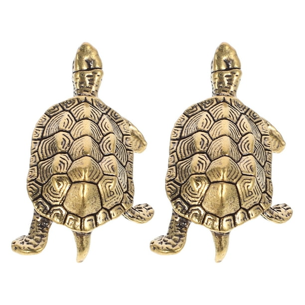 2 figuras de tortuga doradas: estatuas vintage de tortuga de latón - Adorno de escritorio de metal con forma de animal, artesanía artesanal, pequeño coleccionable para decoración rústica del hogar.