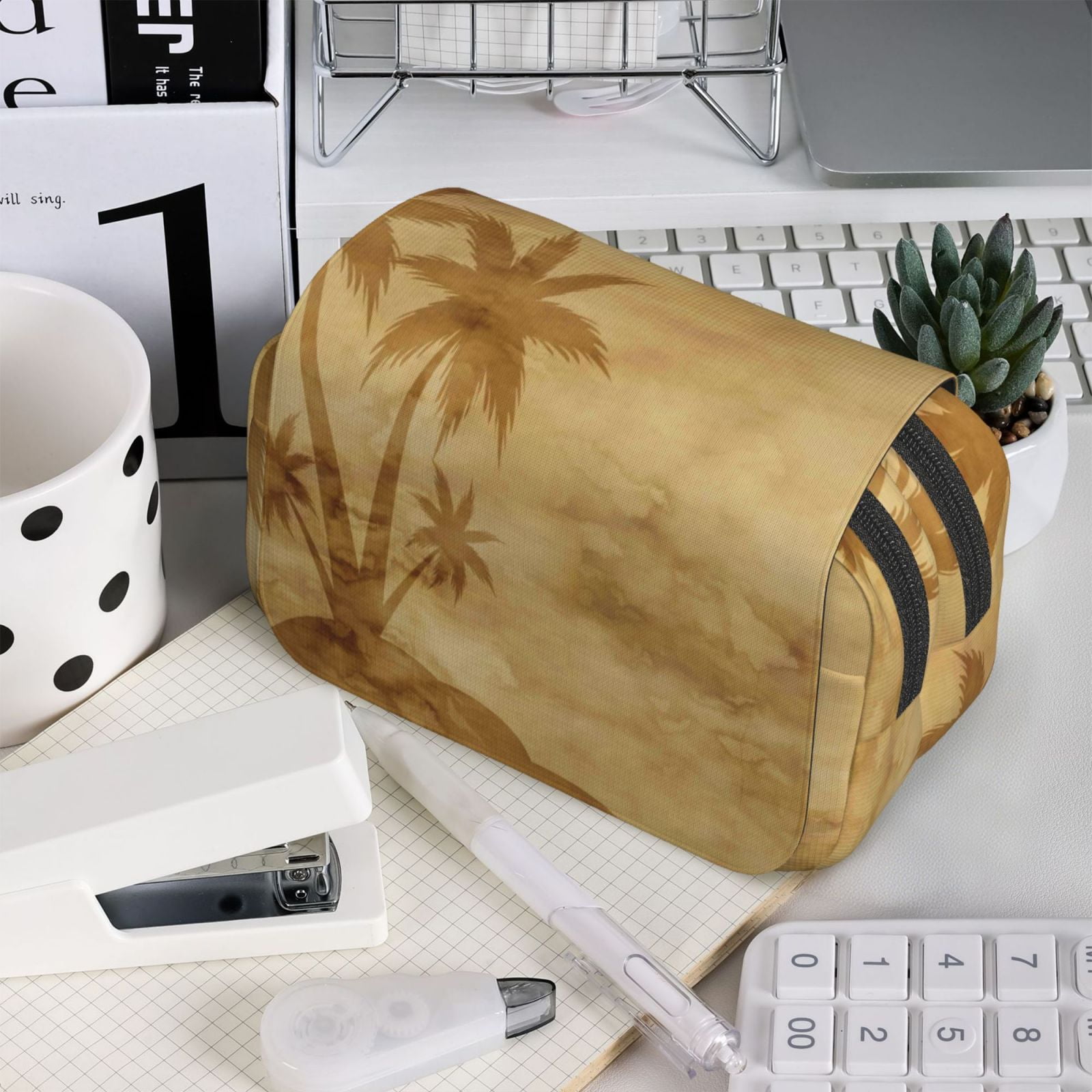 Rateoe Retro Palm Tree Pattern Double Clamshell Pen Case, Storage Organizer with Two Zipper Compartments– Holds Up to 50 Pencils & Pens