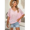 thumbnail image 2 of Pink Medium Womens Summer V Neck Short Sleeve Button Down Sweater Casual Crochet Hollow Out Knit Tops Beach Coverup, 2 of 5