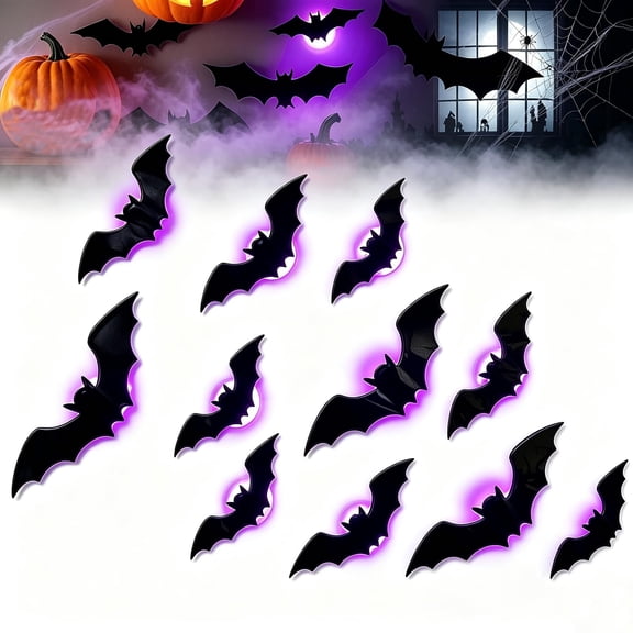 Halloween 3D LED Lighted Bat Wall Decor, Hanging Bat Decoration Set for Windows, Walls, Bedrooms and Party Displays