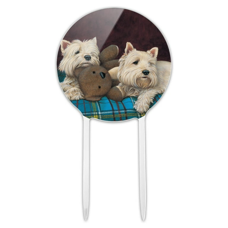 Acrylic Westie West Highland White Terrier Dogs Teddy Bear Cake Topper Party Decoration for Wedding Anniversary Birthday Graduation