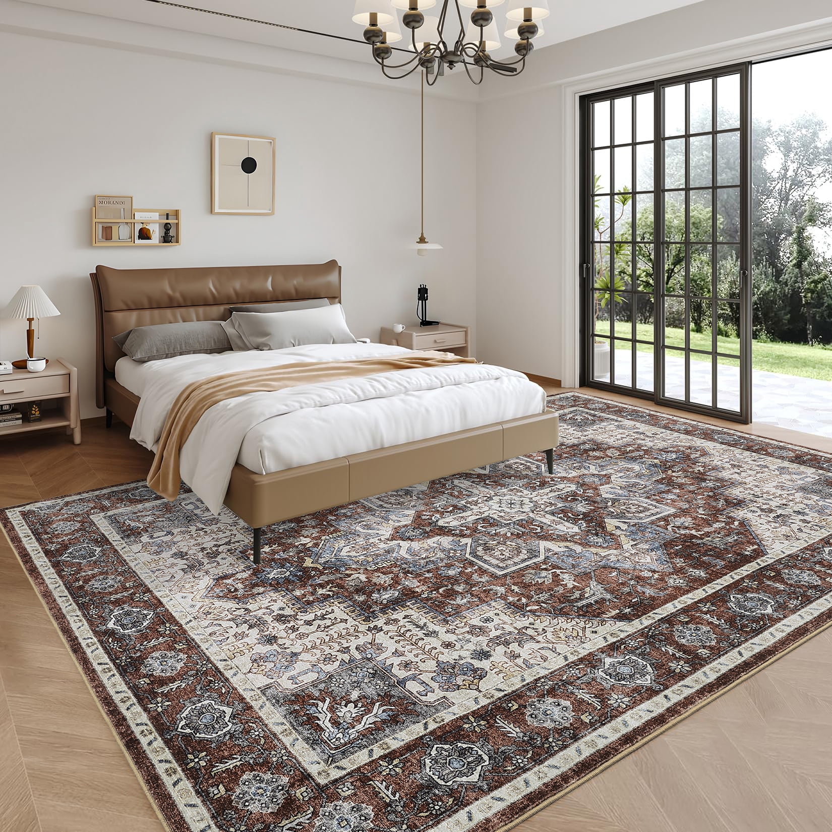 FairOnly 5'x7'Vintage Distressed Floral Machine Washable Area Rug for Bedroom Non Slip Low Pile Floor Cover for Dinning Room Kitchen Living Room,Red