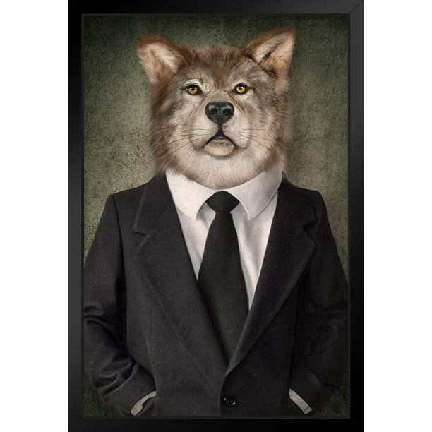 Wolf In Business Suit Head Wearing Human Clothes Funny Parody Animal Art  Photo Stand or Hang Wood Frame Display 9x13 
