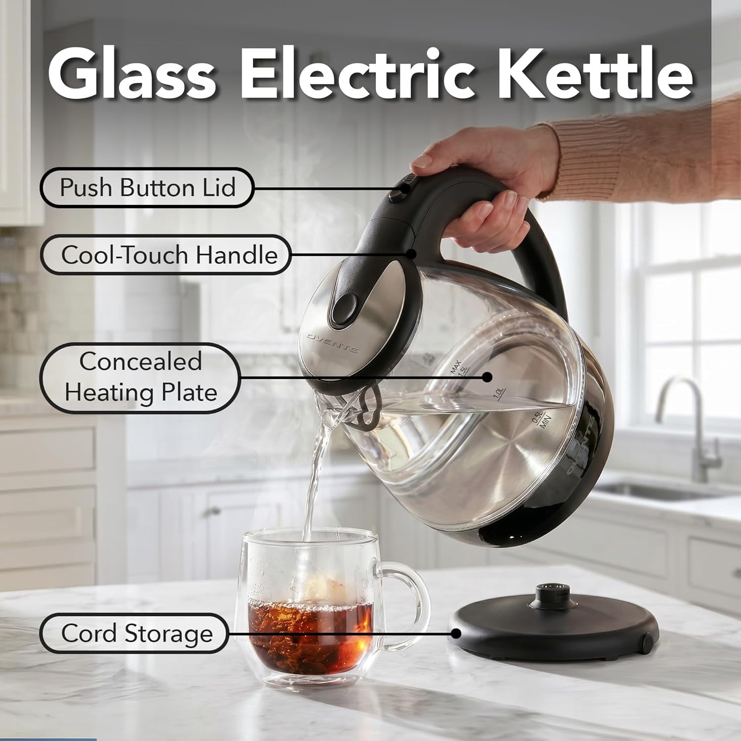 Ovente Lighted Electric Glass Kettle 1.5 L with Blue LED Lights, Black KG845B