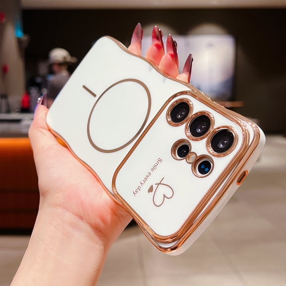 For Samsung Galaxy A15 Case for Women Girls [Compatible with MagSafe] Cute Curly Wave Shape, Magnetic Love Heart Pattern with Camera Lens Cover Luxury Plating Shockproof Phone Case,White