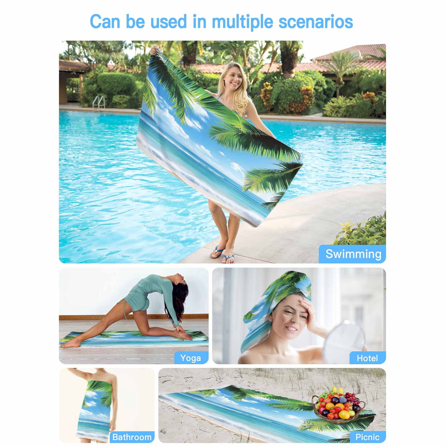 Tropical Summer Beach Towels Blanket Soft&Absorbent Quick Dry Microfiber Beach Ocean Coconut Tree Pool Towels for Swimming ,Yoga, Sports, Gym, Camping,Large 30X60in, Bule Green