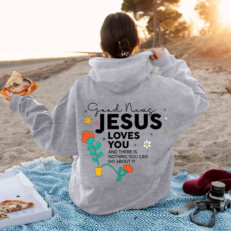 Womens Jesus Loves You Print Hoodies Drop Shoulder Loose Fit Trendy Pullover Clothes Fall with Hood Casual Graphic Letter Sweatshirts 2024 Country Vintage Personalized Comfort Cool Soft Fashion Walmar...