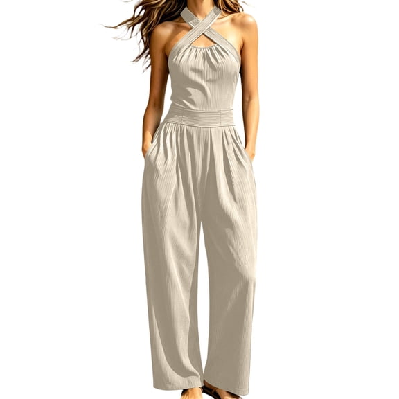 Women's Dressy Crossover Halter Jumpsuit - Sleeveless Loose One Piece Wide Leg Pants Romper with Pockets