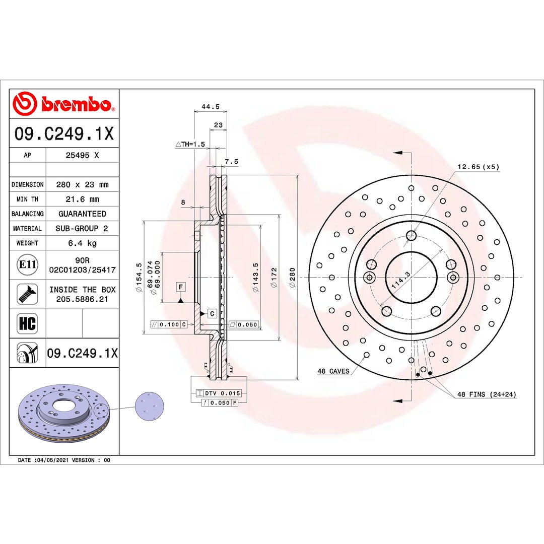 Brembo 09.C249.1X; Brake Rotor; Vented Cross Drilled; One Piece Design; Wheel Bolt Pattern 5 x 114.3 Millimeter; High Carbon Cast Iron; Single