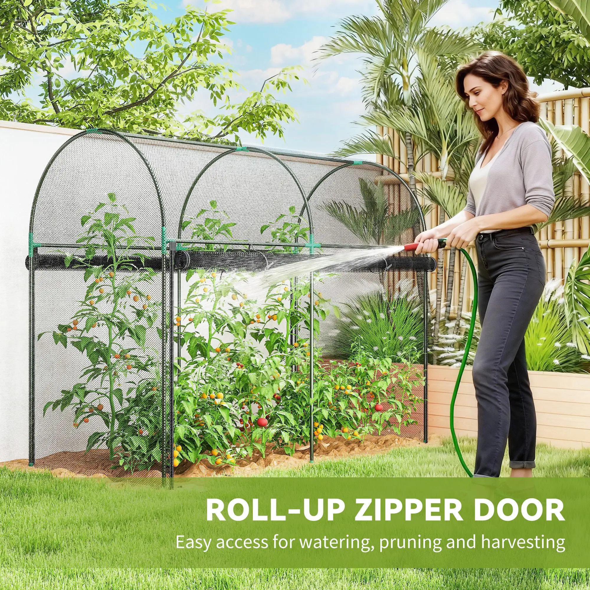 Plant Protector Crop Cage, HDPE Mesh Cover, Powder-Coated Steel Frame, Roll-Up Zippered Door, with U-Shaped Stakes for Vegetables & Climbing Crops