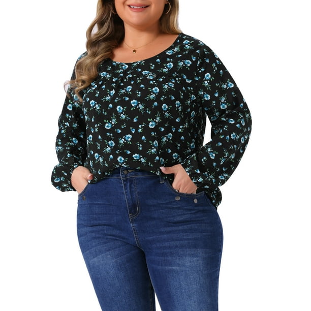 Blusas informales de mujer de talla grande Agnes Orinda, con cuello redondo, mangas largas, puños elásticos y estampado floral, 2X azul