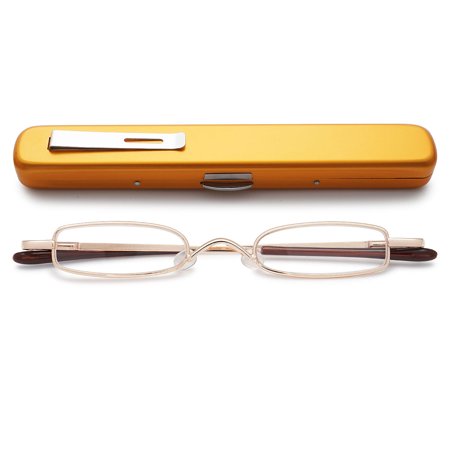 MAGIMODAC Mini Reading Glasses Compact Metal Eyeglasses for Men Women Spring Hinge Lightweight Portable Clip with Aluminum Case Readers Travel