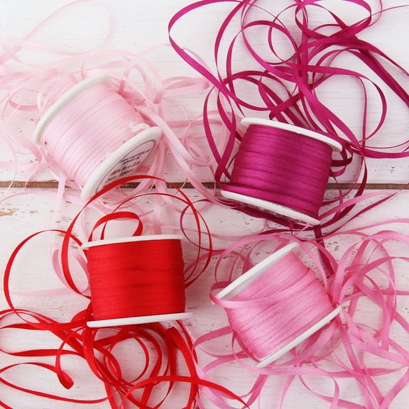 Threadart 2mm Silk Ribbon Set - Red/Pink Shades - Four Spool Collection - 100% Pure Silk Ribbon - 10m (11yd) Spools - 44 Yards of Ribbon