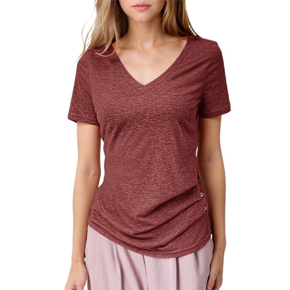 NJGRAE Womens Work Tops Women’S Relaxed Fit Tees Women's High End Slim Fit Solid Color Casual V Neck Short Sleeved Buttoned Pullover Top Women’S V Neck Tees Xl