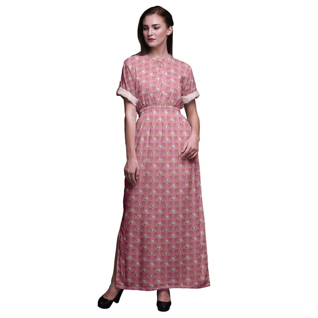 Bimba Robe Maxi à Fente Latérale Imprimée à Taille Smockée en Rayonne Rouge Baies & Polo Rose Floral - Grande