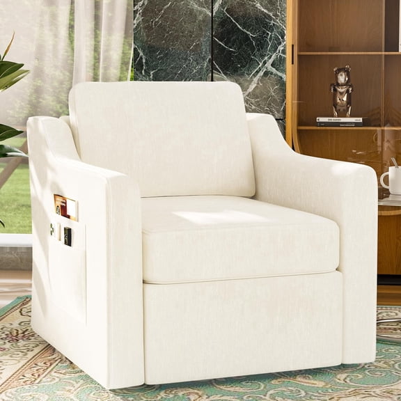 ZBOM 360° Swivel Modern Accent Chair, Large Comfy Reading Chairs, Accent Square Single-seat Armchair Upholstered Sofa for Reading, Living Room, Bedroom, Beige