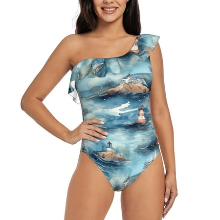 Uemuo Sea Marine And Lighthouse Print Women s One Piece Swimsuit Asymmetrical Neck Bathing Suit One Shoulder Side Cutout Ruffle Swimwear-XX-Large