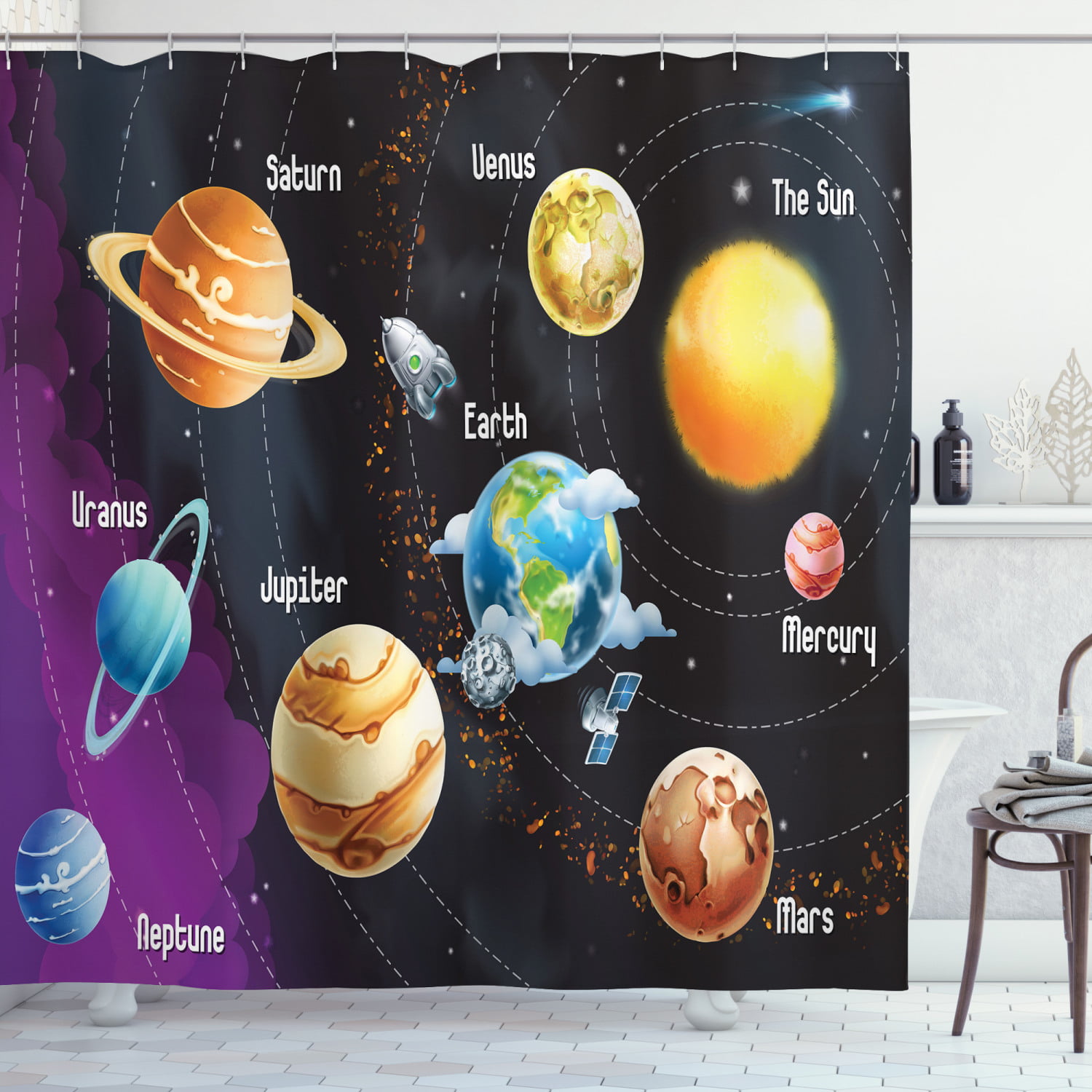 Space Alphabet with All 8 Planets & Sun & Moon Shower Curtain Hooks Bathroom Mat 