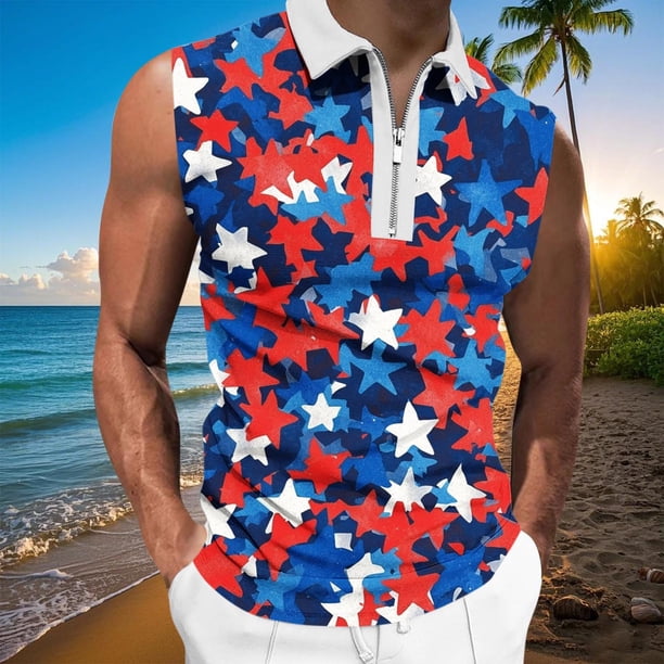 Camiseta sin mangas con cuello vuelto para hombre, informal, a la moda, sin mangas, con estampado y cremallera, blusa deportiva de poliéster para hombre