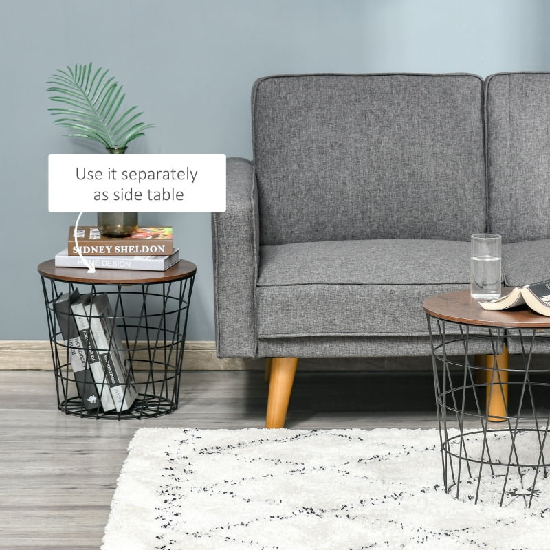 HOQBN End Table Set of 2, Nesting Tables with Storage, Round Accent Side Tables with Removable Top for Living Room, Black/Brown