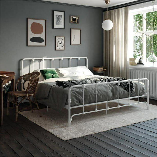 Likehome Lida Farmhouse King Metal Bed With Storage In White Com Likehome Lida Farmhouse King Metal Bed, Farmhouse Platform King Bed With Storage