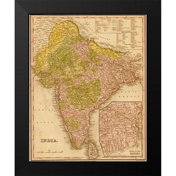 Vintage Maps 12x14 Black Modern Framed Museum Art Print Titled - India 1844