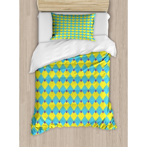 Crazy Duvet Cover Set Twin Size, Geometric Rhombus Pattern Memphis Style Arrangement Checkered Design, Decorative 2 Piece Bedding Set with 1 Pillow Sham, Yellow Purple and Blue, by Ambesonne
