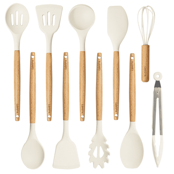 CAROTE 10PCS Silicone Cooking Utensils Set for Kitchen with Wooden Handle
