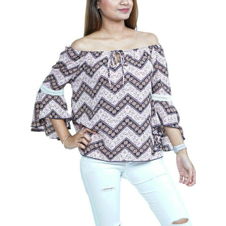 Fashion House LA Women's Off Shoulder Long Sleeve Top With Bell Sleeve W/ Crochet Elbow Area and Collar Lace Design Purple