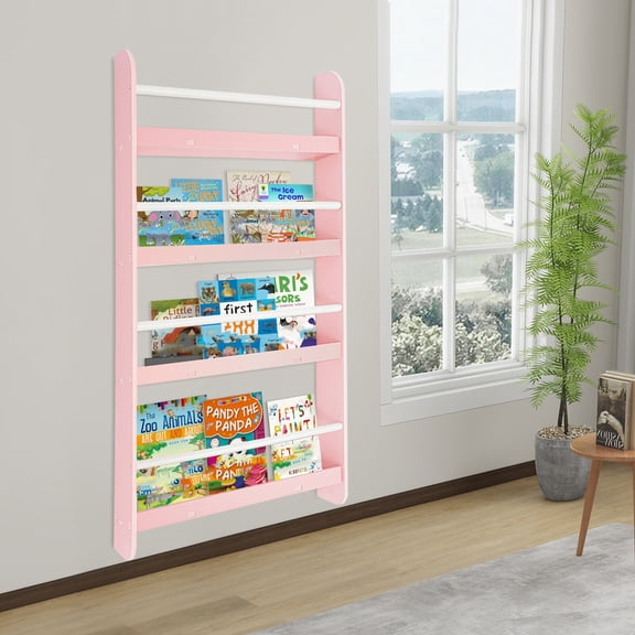 Wall Mounted Bookshelf Modern 4-Tier Magazine Rack Pink Wall Display Rack 50kg