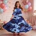 thumbnail image 6 of Little Girls Maxi Dress 4-14 Years Ruffle Half Sleeve Round Neck Floral Print Tiered Long Dress with Side Pockets Blue E 5-6 Years, 6 of 7