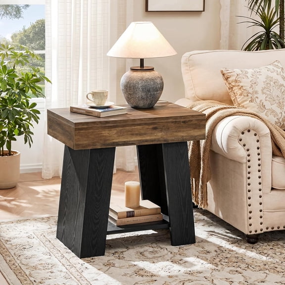Tribesigns 2-Tier End Table, Farmhouse Couch Side Table with Storage Shelf, Two-Tone Side Table for Couch for Living Room, Rustic Brown & Black