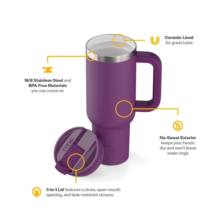 RTIC 40 oz Insulated Tumbler with Handle, Ceramic Lined, Leak