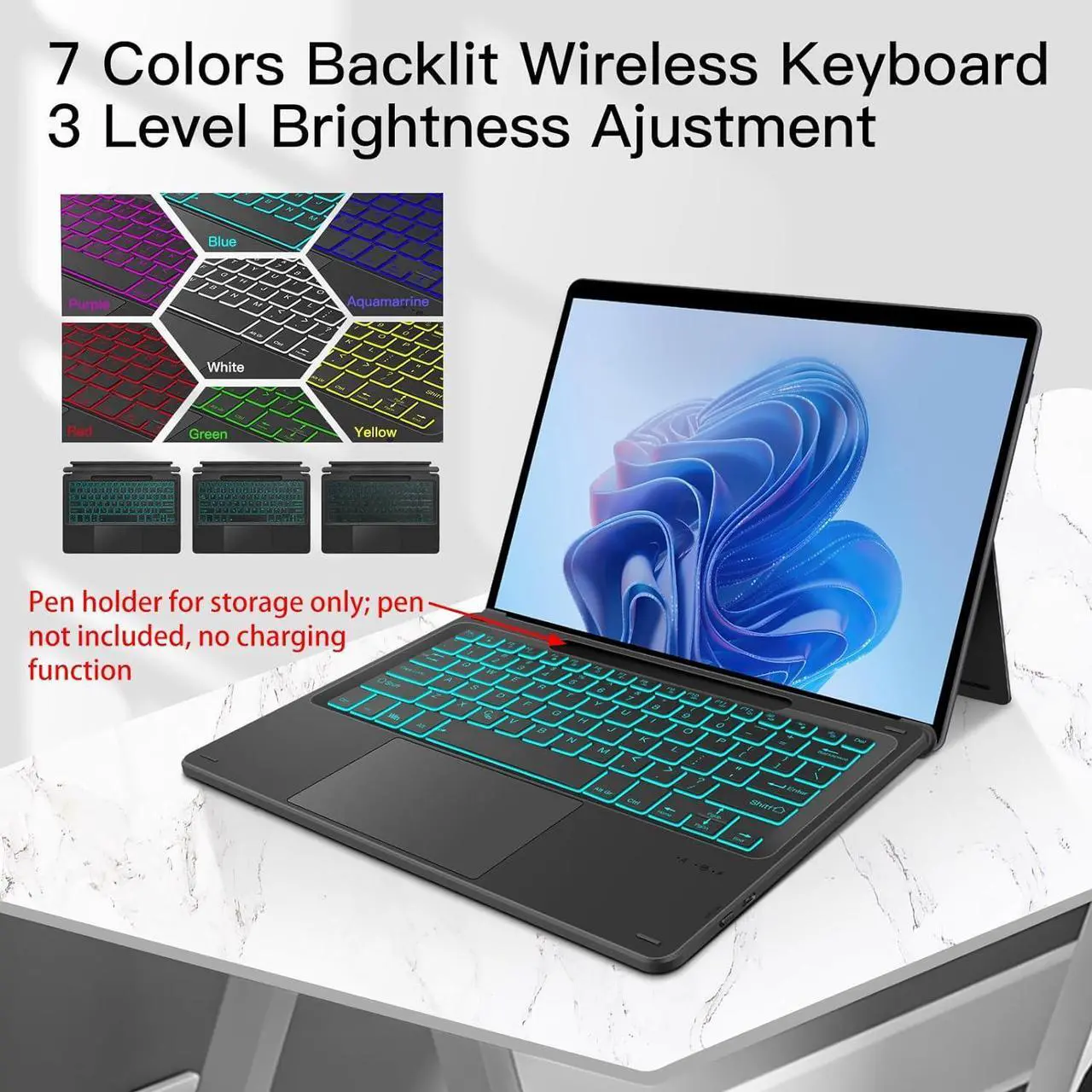 Type Cover for 13 inch Microsoft Surface Pro 11 / Pro 10 / Pro 9 / Pro 8 / Pro X Wireless Thin Bluetooth Keyboard with Trackpad, 7 Colors Backlit Pencil Holder