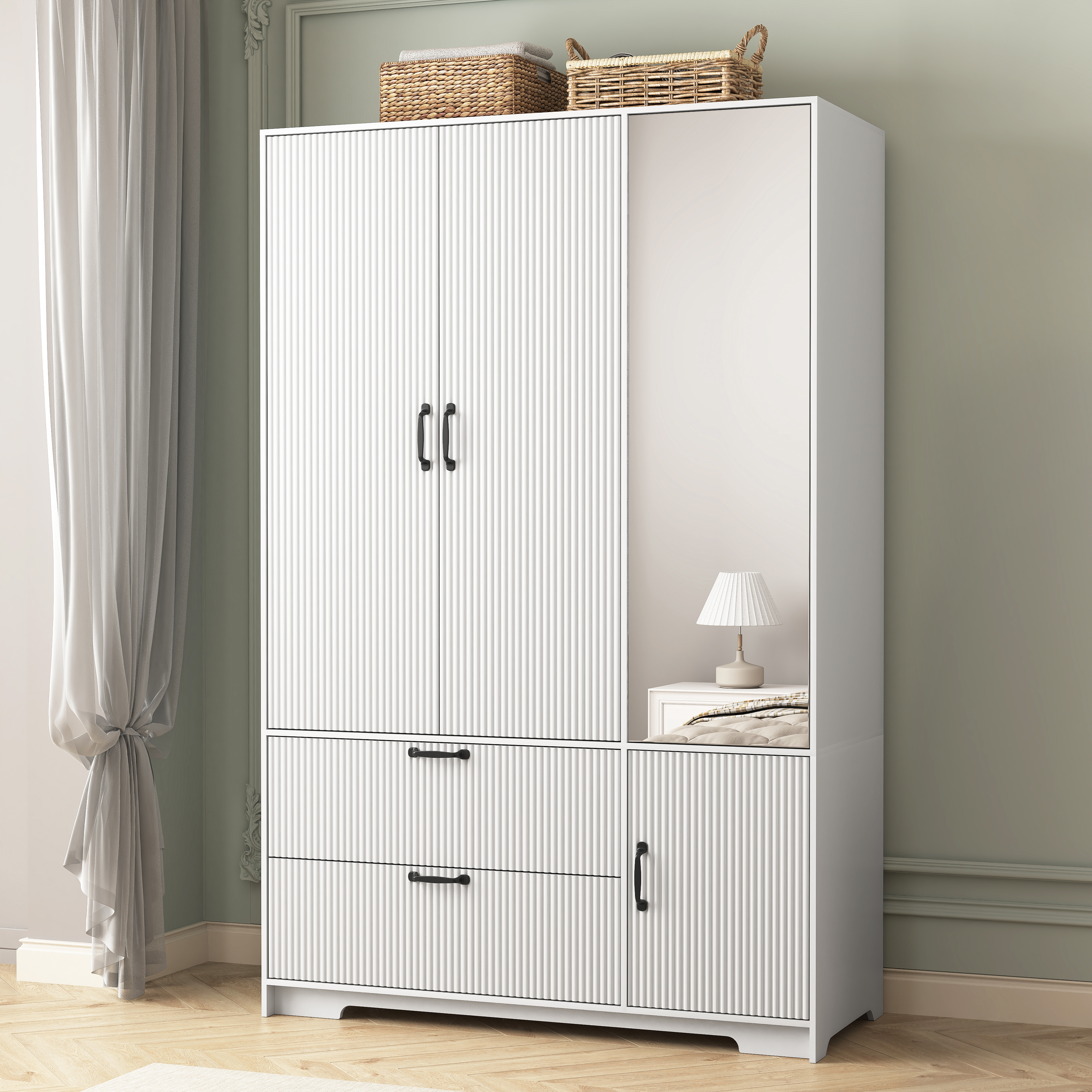Mintazer Freestanding Wardrobe Armoire with Mirror & 4 Door, 71" Tall Clothing Storage Cabinet with Motion Sensor Light & 2 Large Drawers for Bedroom, White