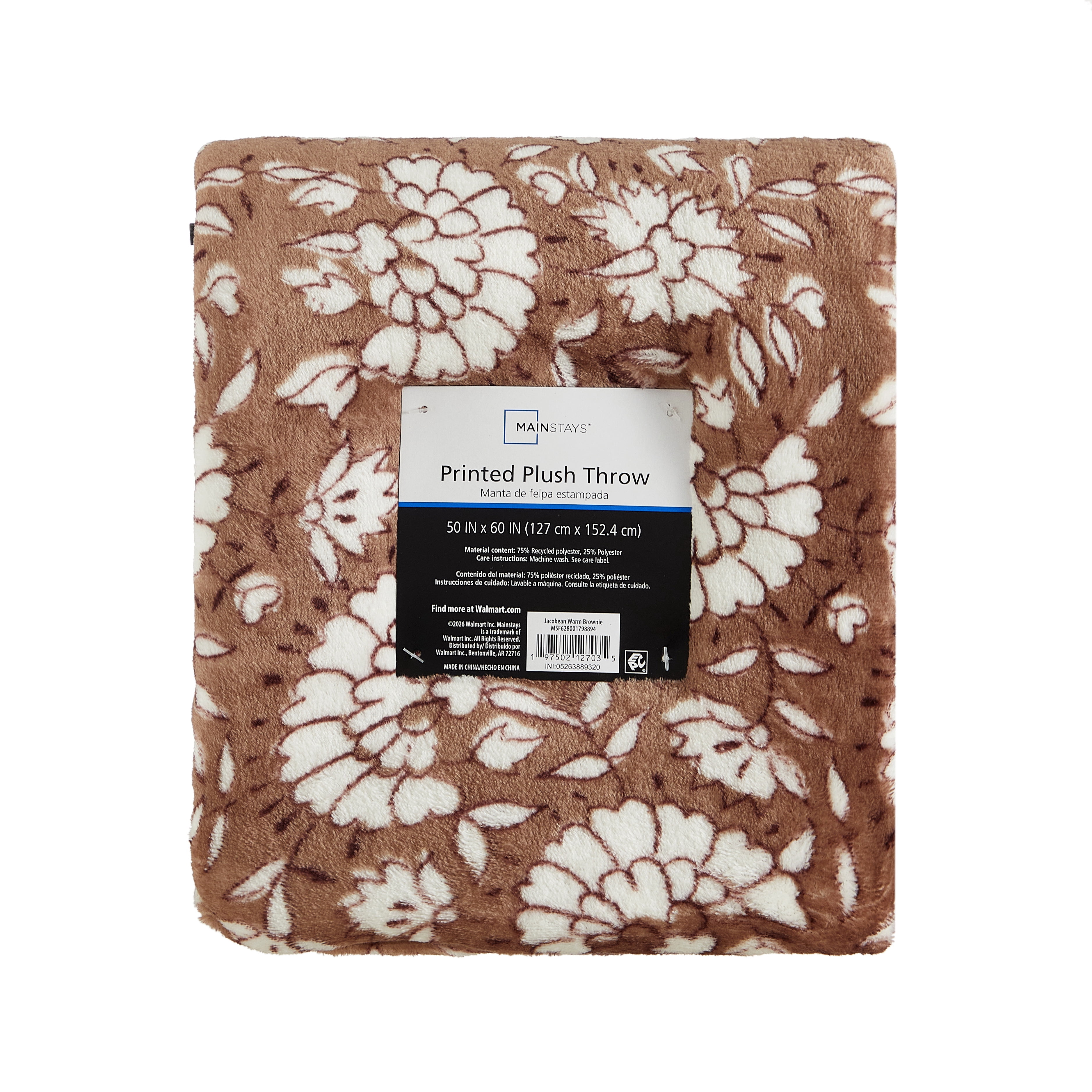 Mainstays Printed Plush Throw Blanket, Jacobean Warm Brownie, 50 x 60 in