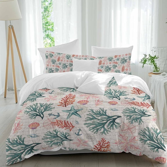 3 Piece Sage Green Red Coral Duvet Cover Set Full Size, Microfiber Comforter/Quilt Cover with Corner Ties and 2 Pillowcases, Coastal Nautical Summer Beach All Season Soft Bedding with Zipper Closure
