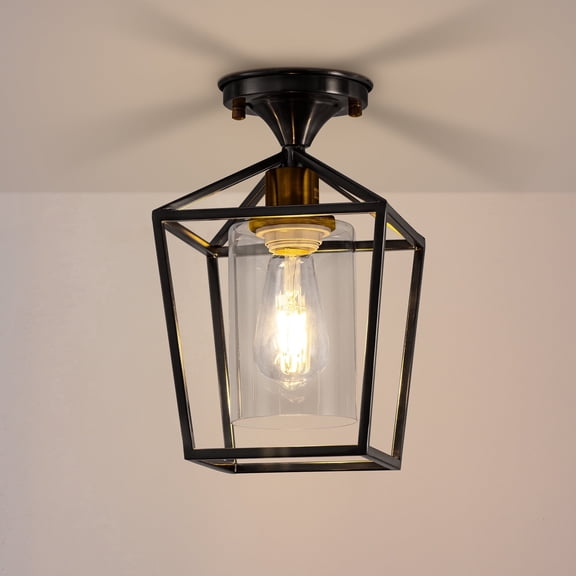 YANSUN Semi Flush Mount Ceiling Lights Fixtures Black Metal Cage Industrial Ceiling Lights with Glass Shade for Hallway Porch Entryway Foyer Bathroom