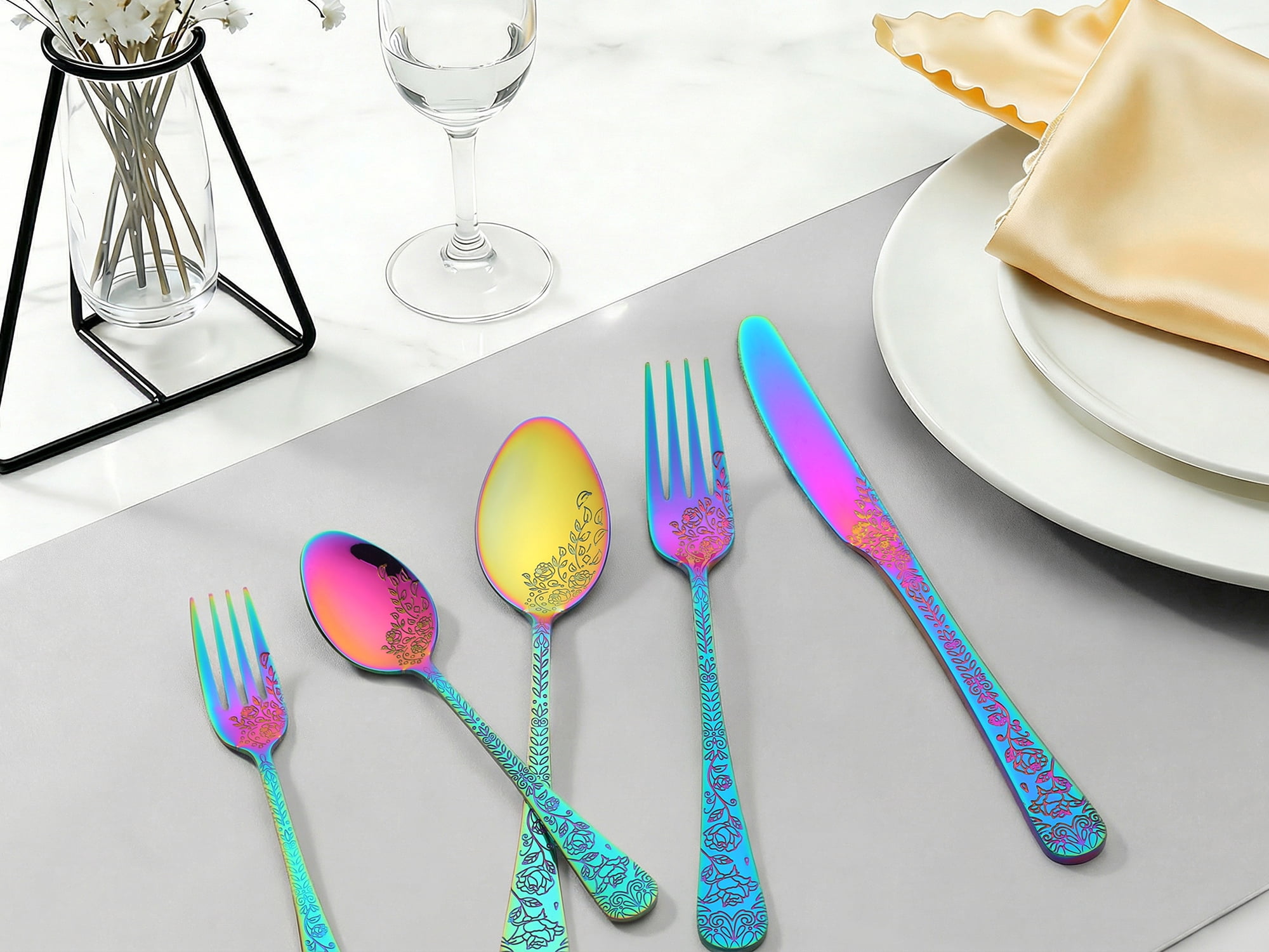 Unique Bargains 20 Pieces Stainless Steel Silverware Set for 4 Modern Cutlery Colorful