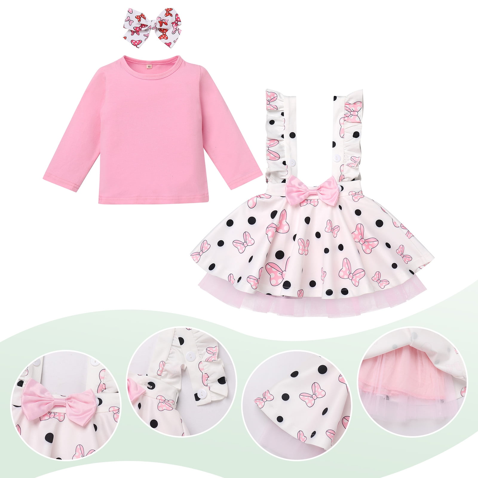 IDOPIP Baby Girls Mouse Birthday Outfit Shirt Overalls Skirt Headband 3-4 Years Pink