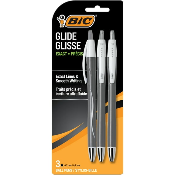 BIC Glide Exact Retractable Ballpoint Pens, Fine Point, 0.7 mm, Black Ink, 3 Count
