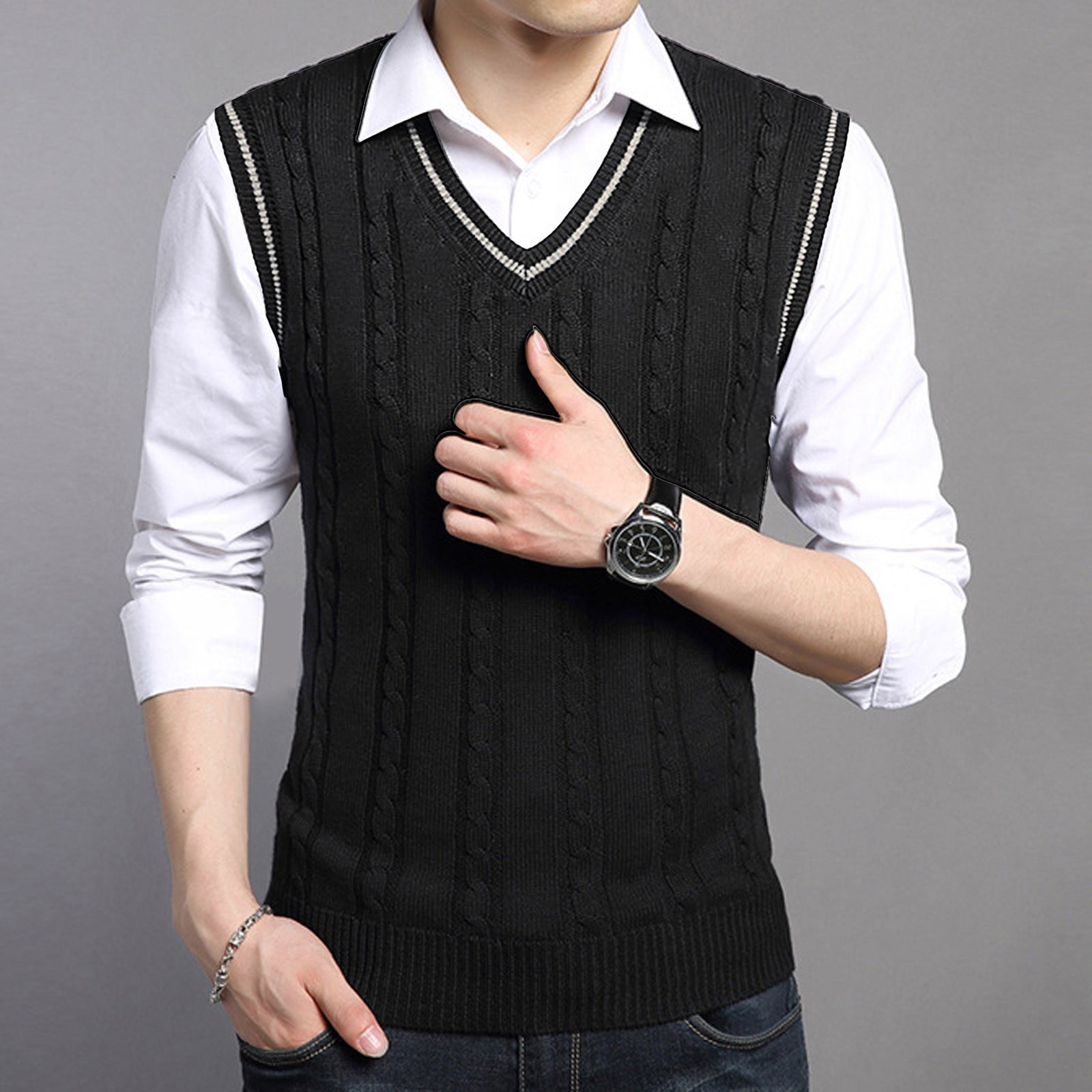 Men Cotton Sleeveless V-neck Jumper Pullover Knitted Vest Pullover