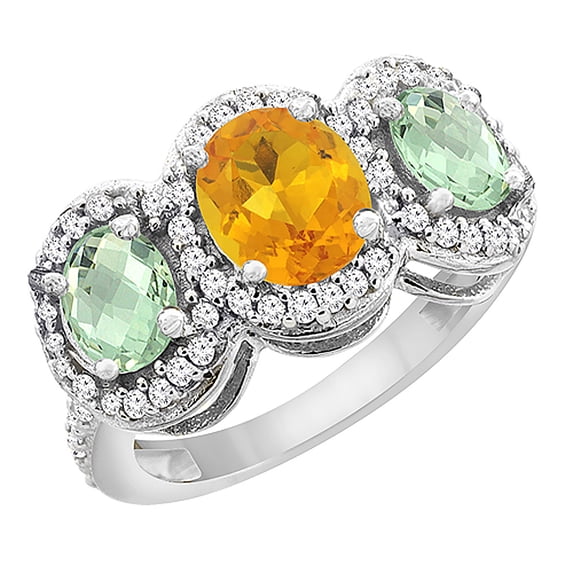14K White Gold Natural Citrine & Green Amethyst 3-Stone Ring Oval Diamond Accent, size 7.5