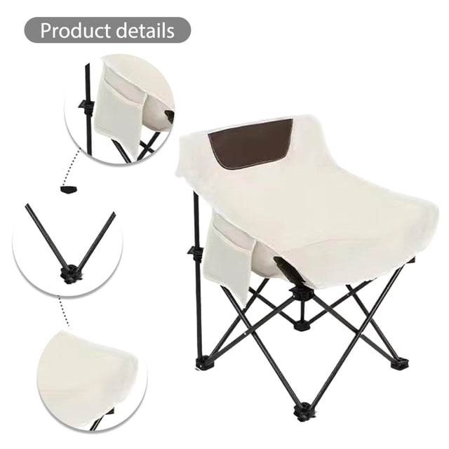 silla plegable la espalda con transporte para actividades al aire libre silla plegable blanca de tela Oxford 600D con respaldo ergonómico 45°, bolsillo lateral para almacenamiento y armazón metálico reforzado; vista 3/4 desplegada sobre fondo neutro, plegable y portátil, también apta para camping y pesca.