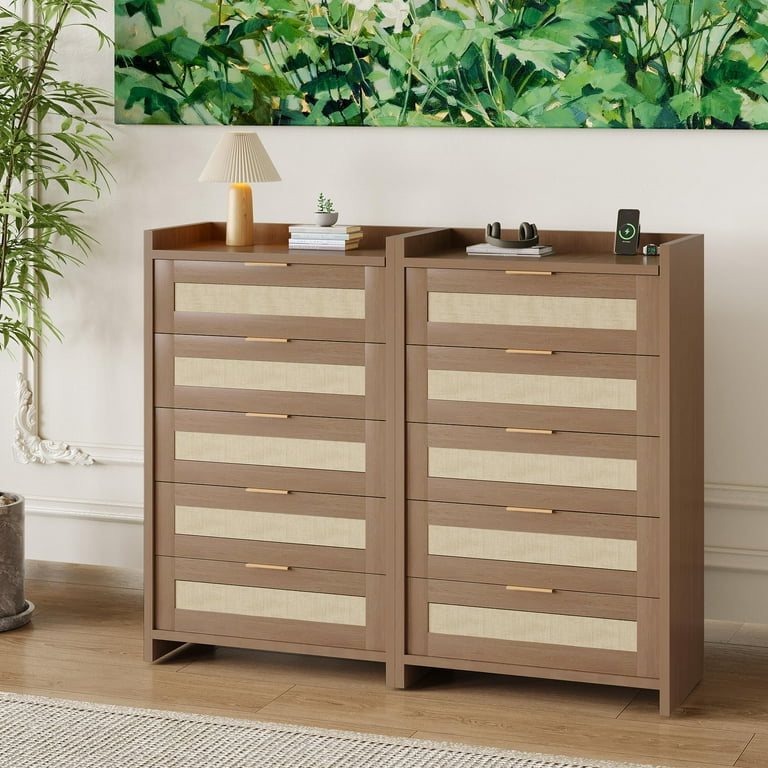 46 inch long dresser 5 Drawers Rattan Tall Dresser 46 Inch Boho Chest of Drawers Large Storage  Cabinet for Bedroom Closet Living Room Hallway Nursery Entryway