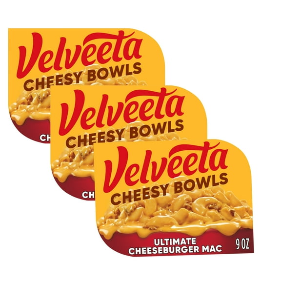 Velveeta Cheesy Bowls Cheeseburger Mac Pasta Meal, 9 oz Trays, 3 Pack, Quick Microwave Dinner in 60 Seconds / 1 Minute