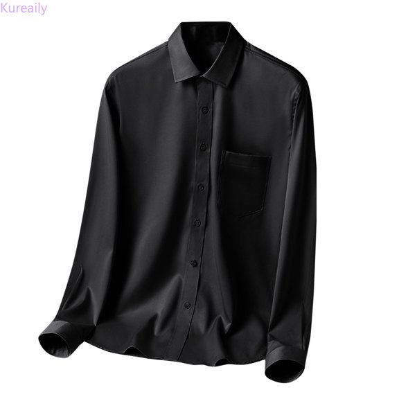Kureaily Mens Solid Color Shirt Long Sleeve Casual Business Non Ironing Shirt Overalls Long Sleeve Dress Shirt,Large/(Black)
