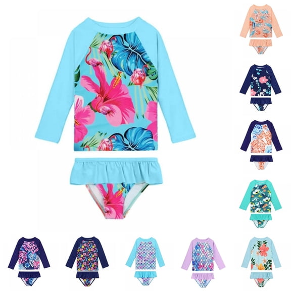 XIYON Kids Girls 2 Piece Swimsuit Long Sleeve Round Neck Graphic Printed Tankini Top And Bottoms Comfortable Fashion Swimwear For Beach And Pool,Sky Blue,L