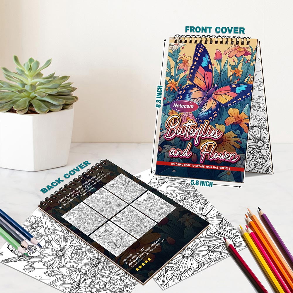 Netecom Butterflies and Flowers Coloring Book Spiral Bound For Adults, A5 Wooden Cover, 30 Enchanting Coloring Pages of Delicate Butterflies and Beautiful Blossoms for Stress Relief and Relaxation